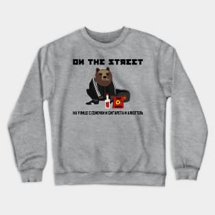 Gopnik bear on the street with semechki (Black Text) Crewneck Sweatshirt